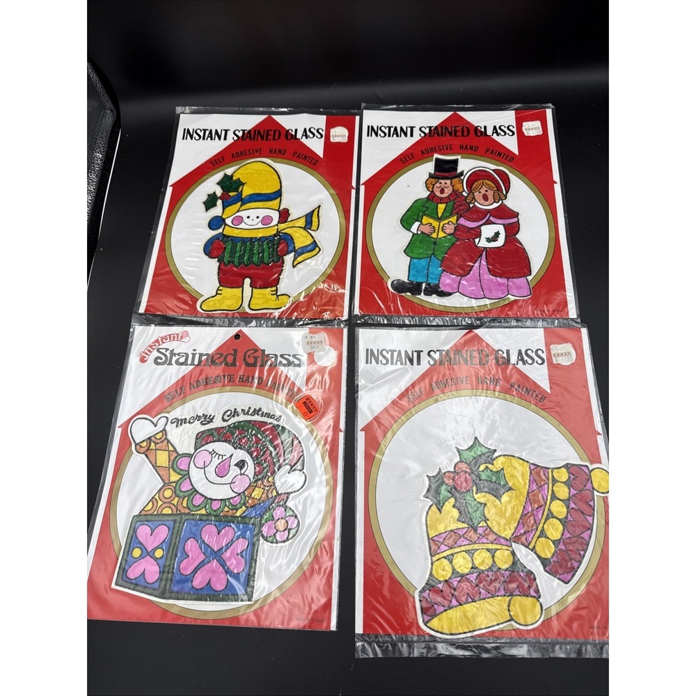 4 VTG NOS Instant Stained Glass Christmas Window Cling Hand Painted Taiwan